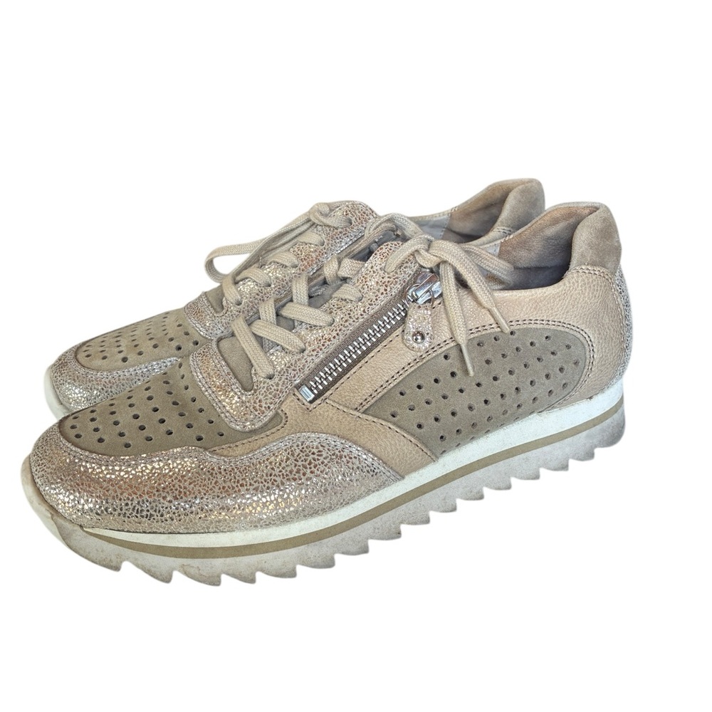 Gabor Kelsey Trainers, Gold & Beige, Size 6.5, Orthotic Friendly, Dual Zippers